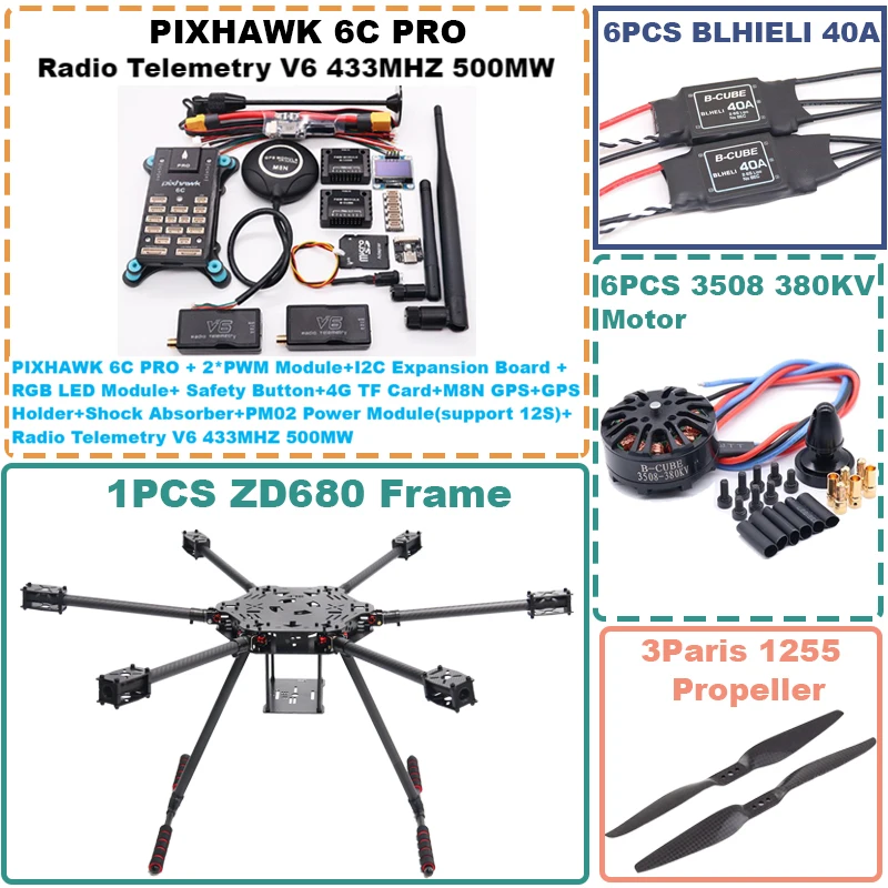 ZD680 6C PRO M8N M9N M10 Full Carbon Fiber Hexa-Rotor Foldable Arm Hexacopter Frame Kit with Unflodable Landing Gear