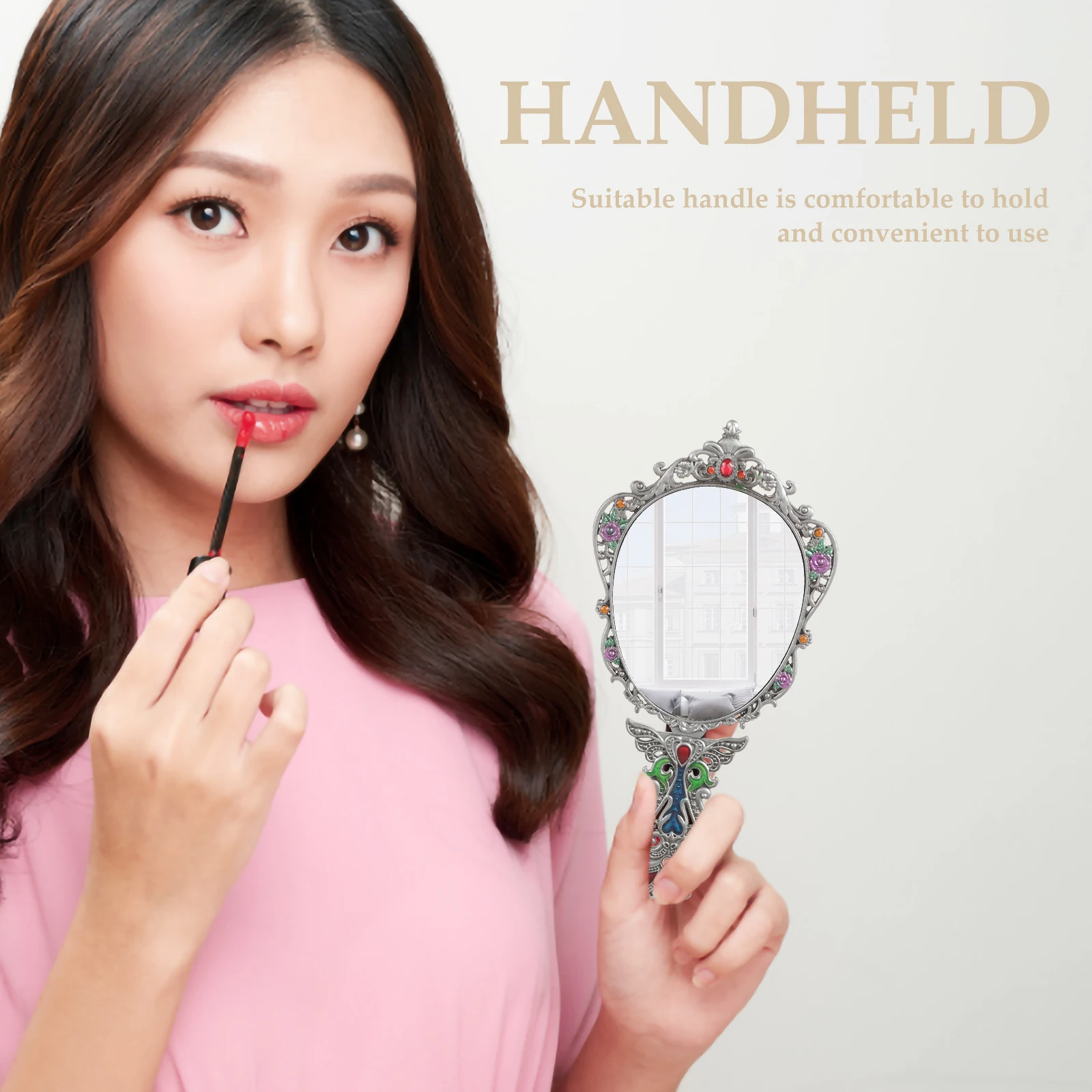 مجموعة واحدة من مرآة المكياج العتيقة المعدنية المحمولة القابلة للطي ومجموعة مشط مرآة محمولة بتصميم رائع ومتينة هدية للنساء #6