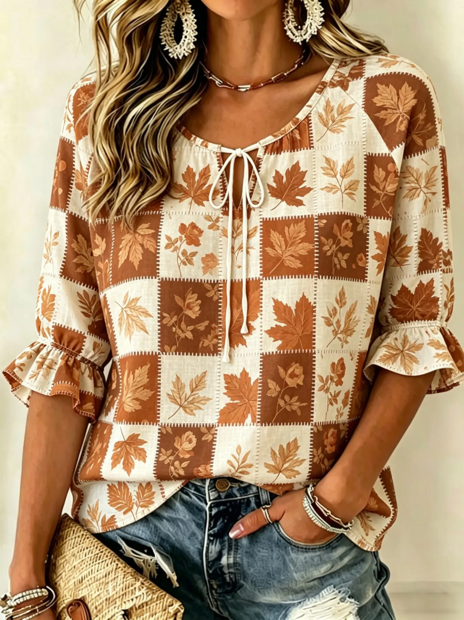 

Women's Spring Summer Casual Blouse, Brown Autumn Leaf Checkerboard Print Tops for Daily Street Holiday Dating & Leisure Outfit