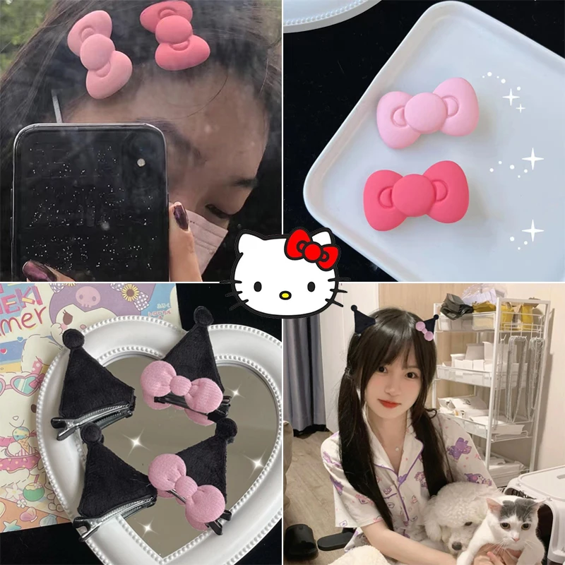 

Sanrio Hello Kitty Hair Clip Cute Kuromi Cartoon Girl Kawaii Heart Sweet Bowknot Edge Clip Fashion Female Hair Accessories Gifts