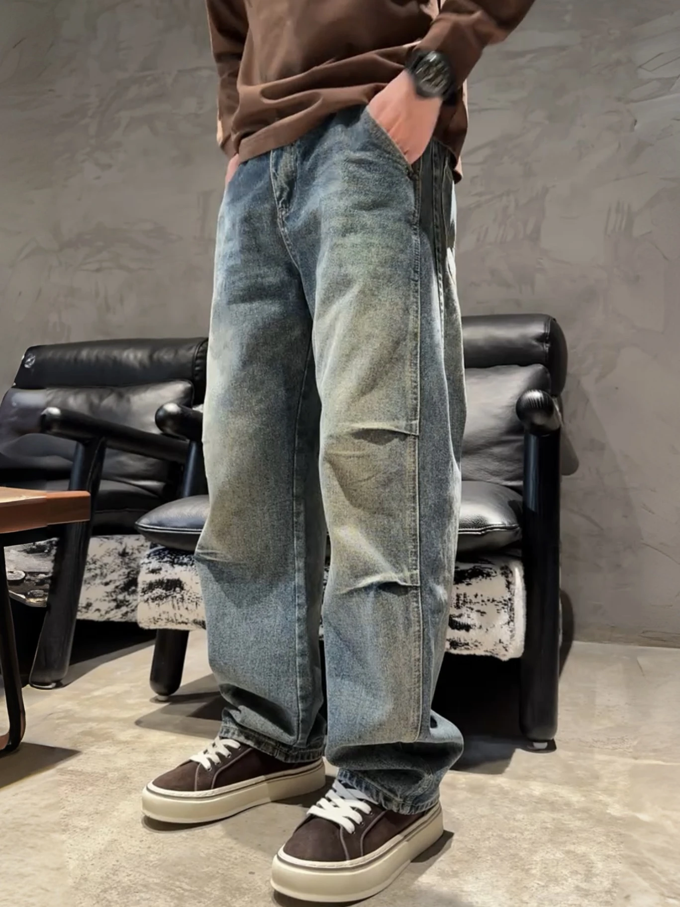 

Retro American Washed Pleated Knife Denim Jeans Men's Trendy Handsome Casual Loose Wide Leg Pants Spring New Style