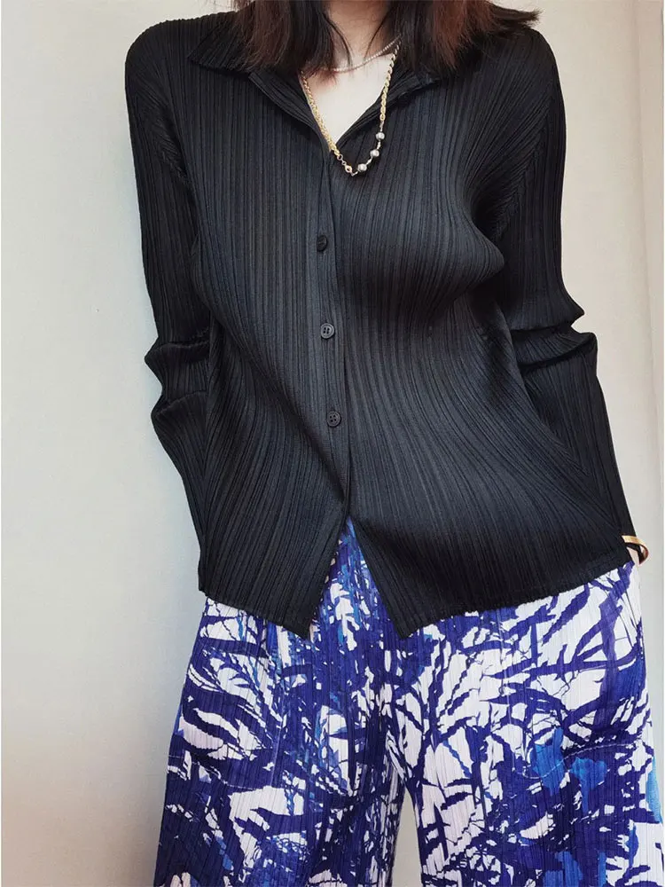 Miyake Pleats Polo Collar Long Sleeve Sun Shirt Underlay Women 2023 Korean Style Long Sleeve Button Elegant Casual Pleated Shir