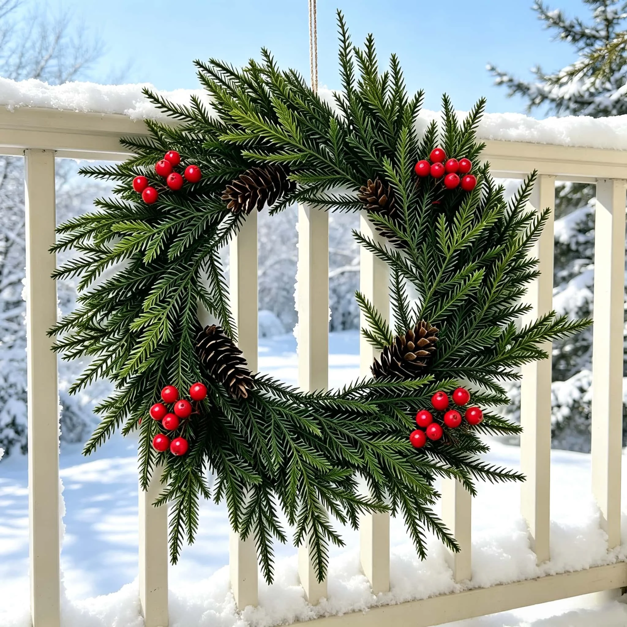 40cm Artificial Christmas Wreath with Pine Cones Red Berries, Realistic Pine Greenery Wreath for Xmas Winter Home Holiday Decor