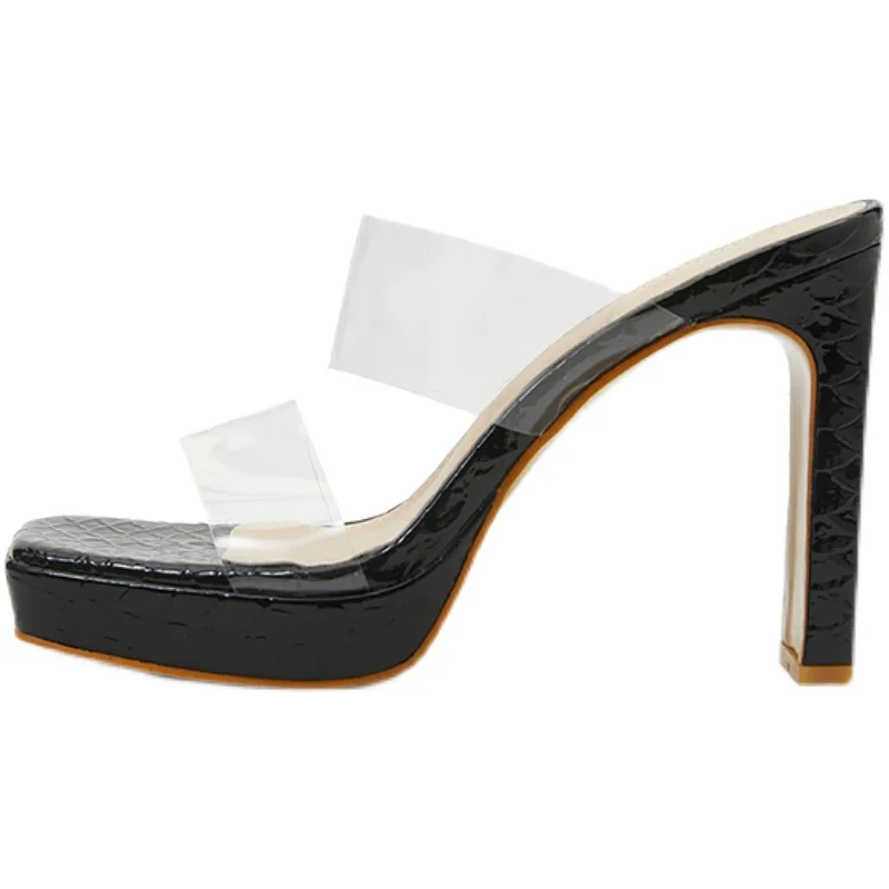 Transparent PVC Square Open Toe High Heel Women Slippers Platform Sandals Summer New Fashion Rome Style Mules Size 35-42