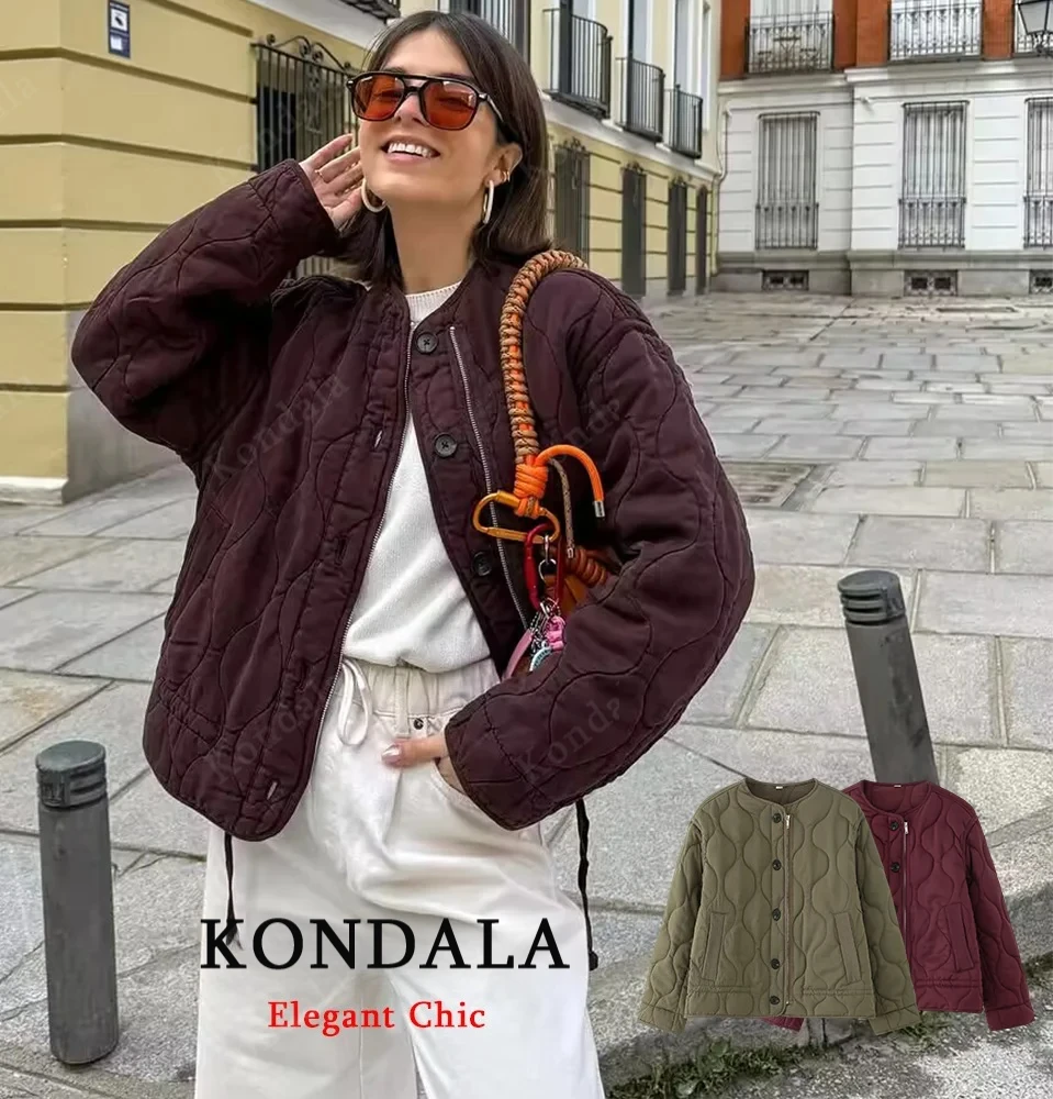 

KONDALA винтажные осенние шикарные стеганые куртки женские с круглым вырезом и пуговицами куртка на молнии пальто 2025 осенняя мода повседневная женская куртка пальто