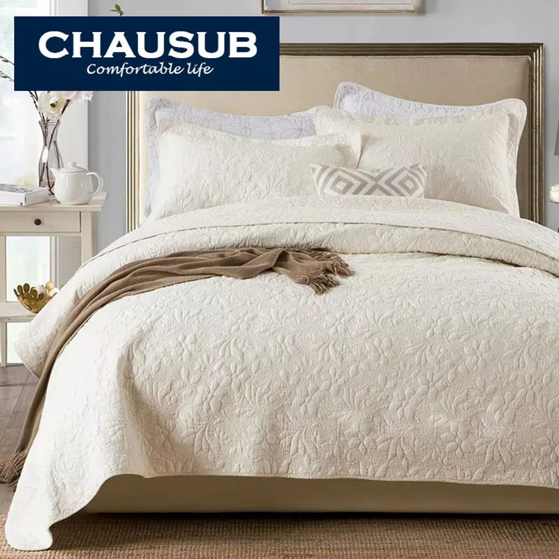 Classic Embroidered Quilt Set 3-Piece King Queen Size Lightweight Bedspread with Pillowcase Solid Color Soft Bedding Set