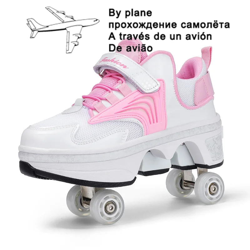 Casual Sneakers Walk Roller Skates Deform Runaway Four Wheel Skates for Adult Men Women Unisex Child Deform Wheel Parkour Shoes