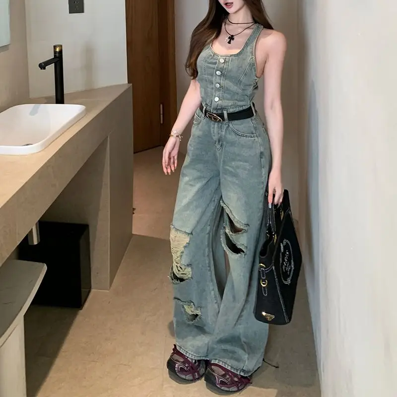 Denim Jumpsuit Ripped High Waist Retro Blue Female Summer Hottie Wide Leg Pants Slim Floor-Length Trousers