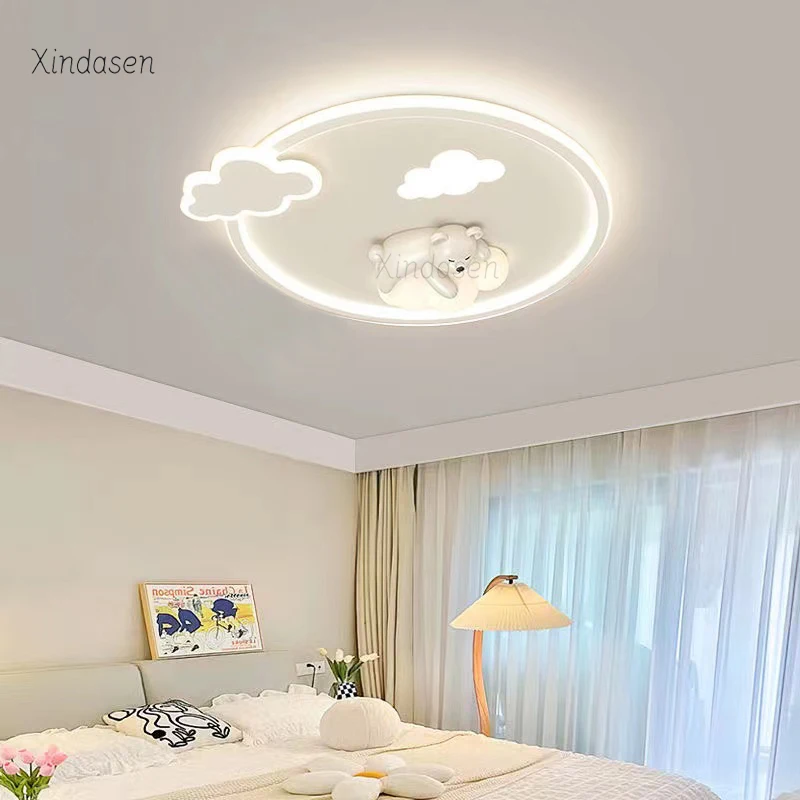 Kawaii Cloud Bear Ceiling Lamp Child Baby Room Decor Cartoon Chandelier For Kids Room Girl Boys Bedroom Round Led Ceiling Light