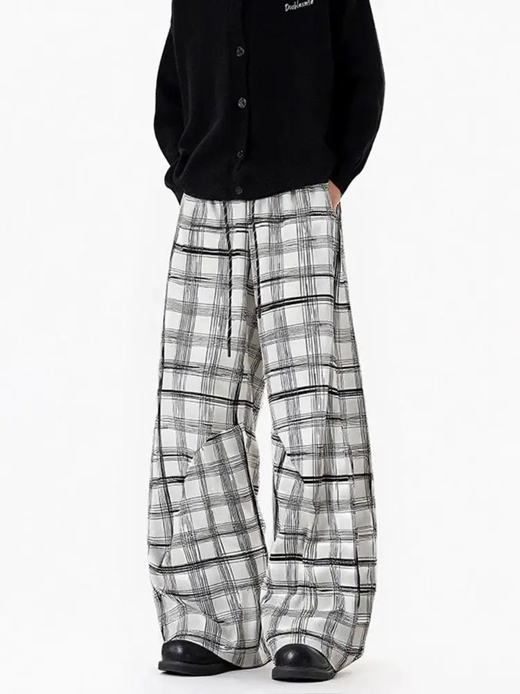 Women's Retro Contrasting Color Grid Hiphop Sweatpants Spring Cool Girl Wide Leg Trousers Female High Waisted Baggy Thin Pants