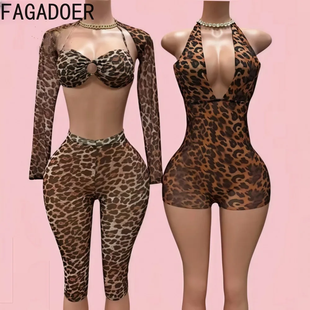 FAGADOER Maglia sexy trasparente con stampa leopardata Set da due pezzi Top corto da donna + Cappotto a maniche lunghe + Pantaloncini Completi Clubwear femminile