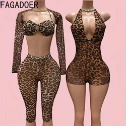 FAGADOER Sexy Mesh See Through Leopard Print Two Piece Sets Women Crop Top + Long Sleeve Coat + Shorts Outfits Female Clubwear
