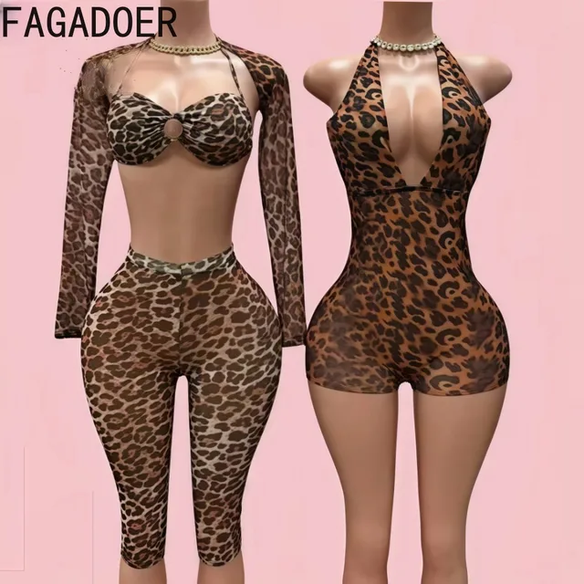 FAGADOER Sexy Mesh See Through Leopard Print Two Piece Sets Women Crop Top + Long Sleeve Coat + Shorts Outfits Female Clubwear