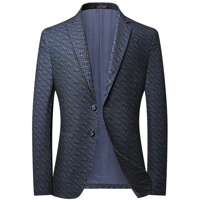 

Lansboter Dark Blue Spring Casual Men's Suit Jacket Korean Version Slim Fitting Elastic Band Square Pattern Small Suit Trend Top