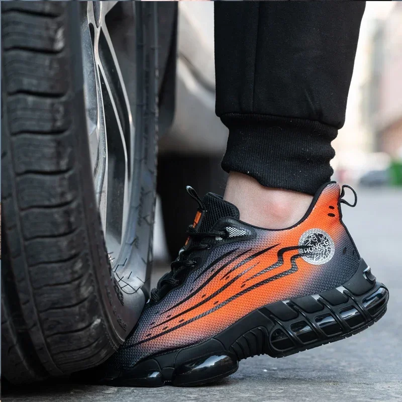 남성용 안전화 에어 쿠션 작업 부츠 안전 강철 발가락 신발 미끄럼 방지 펑크 방지 경량 보호 신발