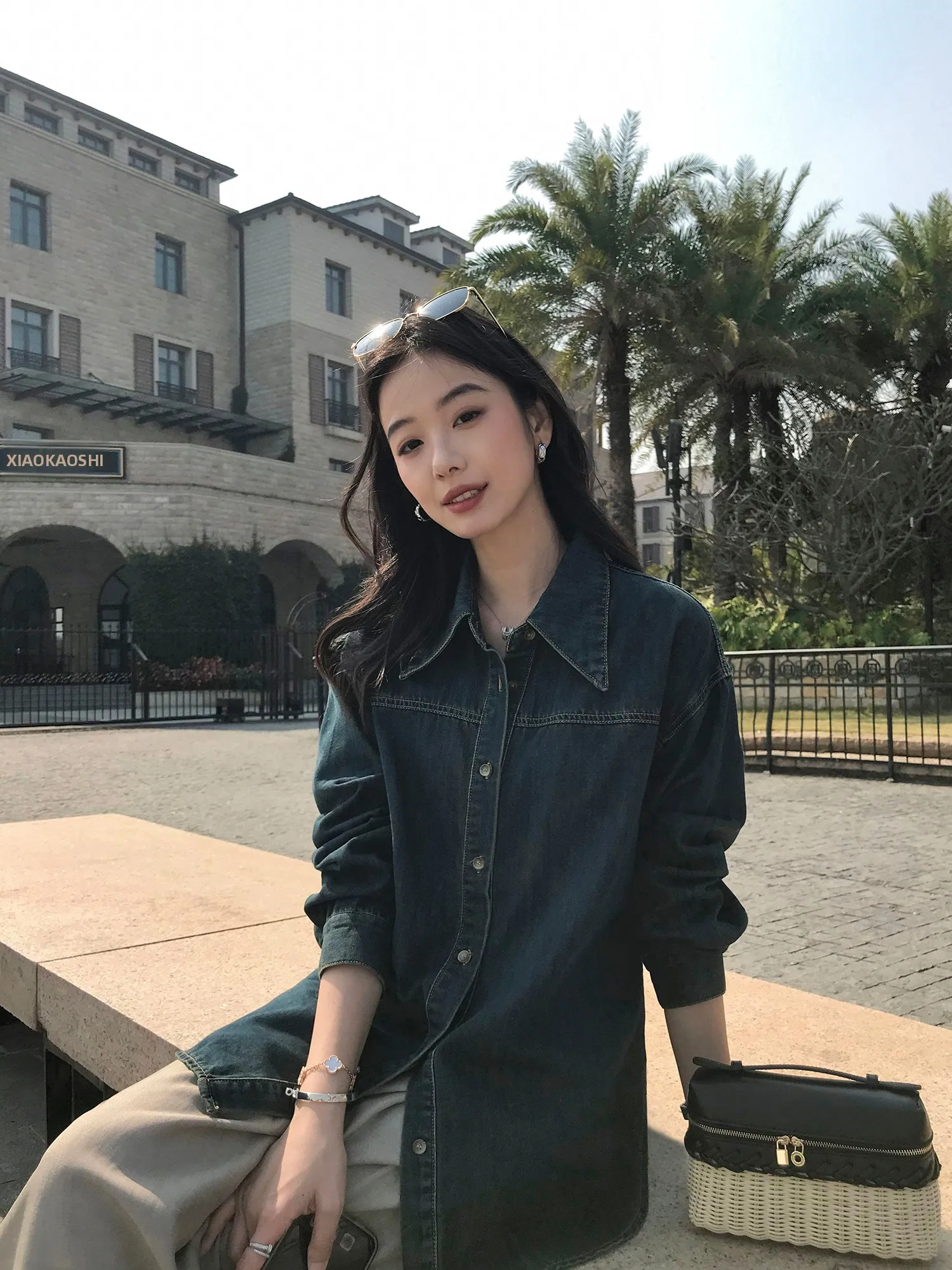 

Женская джинсовая рубашка Mulvan Casual Loose с длинным рукавом, синие джинсы в стиле ретро, модный топ в гонконгском стиле, смесь хлопка и полиэстера