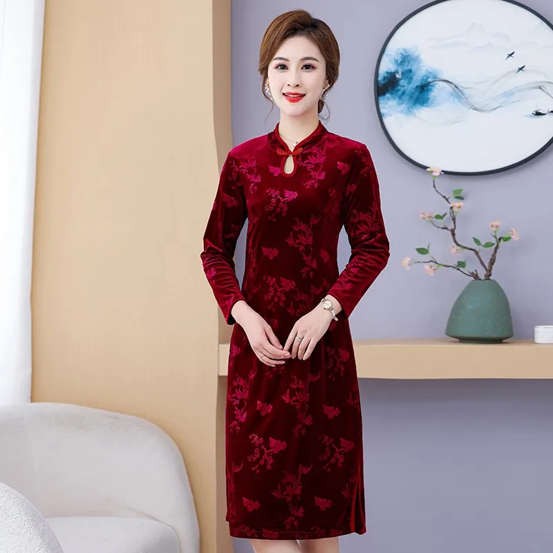 فستان شيونغسام مخملي ذهبي للنساء ، فستان أحمر نحيف ، ثوب قطيفة للأم ، حفلة مسائية ، الربيع والخريف #1