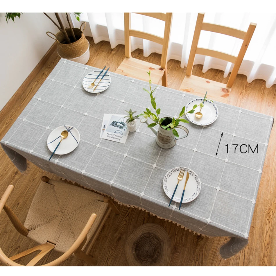 Grey Large Square Embroidery Tassel Tablecloth,Cotton Linen Dust-Proof Checkered Table Cover,for Kitchen Dinning Tabletop Decor