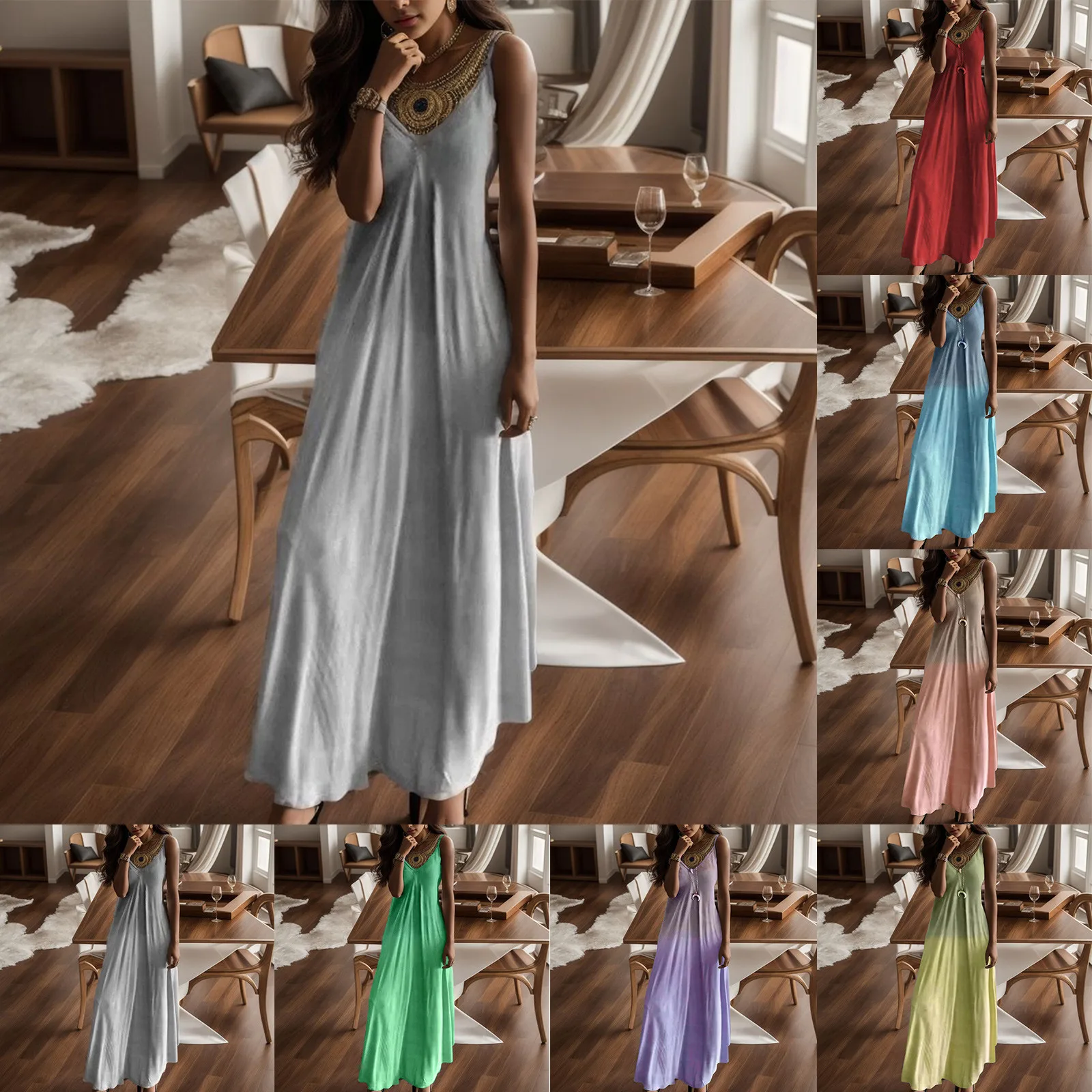 

2024 Summer Ladies Long Dresses Casual V-Neck Maxi Sleeveless Sundress Sexy Fashion Solid Gradient Big Swing Dresses For Women