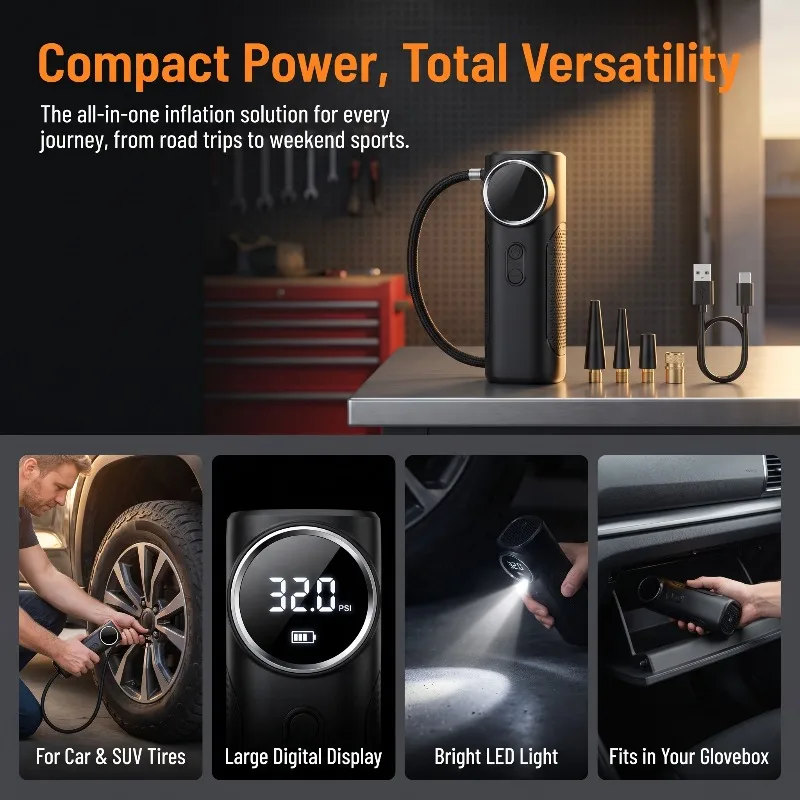 Mini Portable Digital Tire Inflator USB Rechargeable Air Compressor Auto Shut Off Air Pump for Bicycle Motorcycle Car Tires