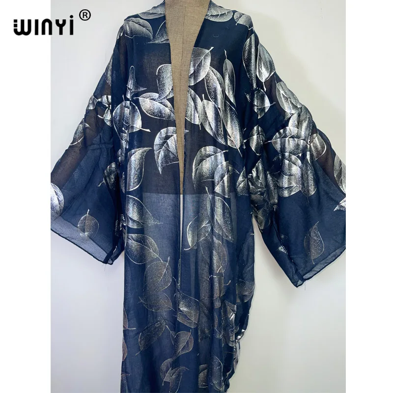 2022 Autumn WINYI new sexy Bronzing leaf printing Beach Wear Swim Suit Cover coat Elegant Women Boho Long Sleeve Kimono dress