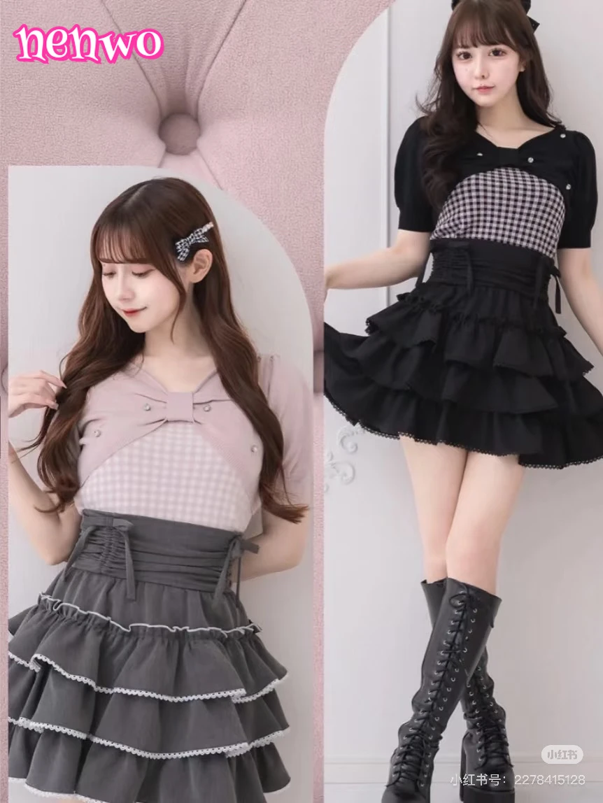 

2025 Japanese Sweet Mine Black Gray Mini Skirts Summer New Girl's Lace Edge Bow High Waist Cake Skirts Women's Pleated Skirts
