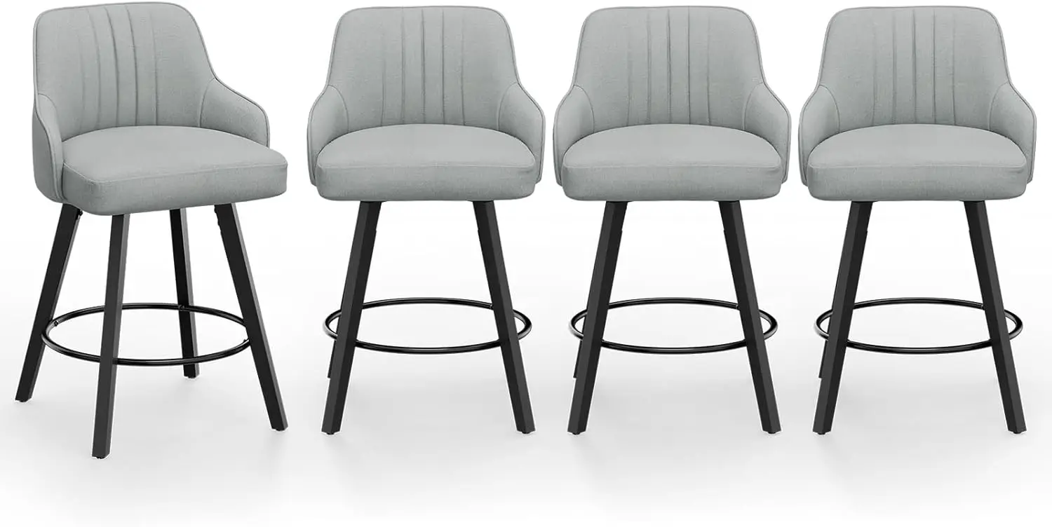 

4-Piece Swivel Barstools, Linen Upholstered, Back Support, Cushioned Seat, Solid Wood Legs, Grey, Counter Height