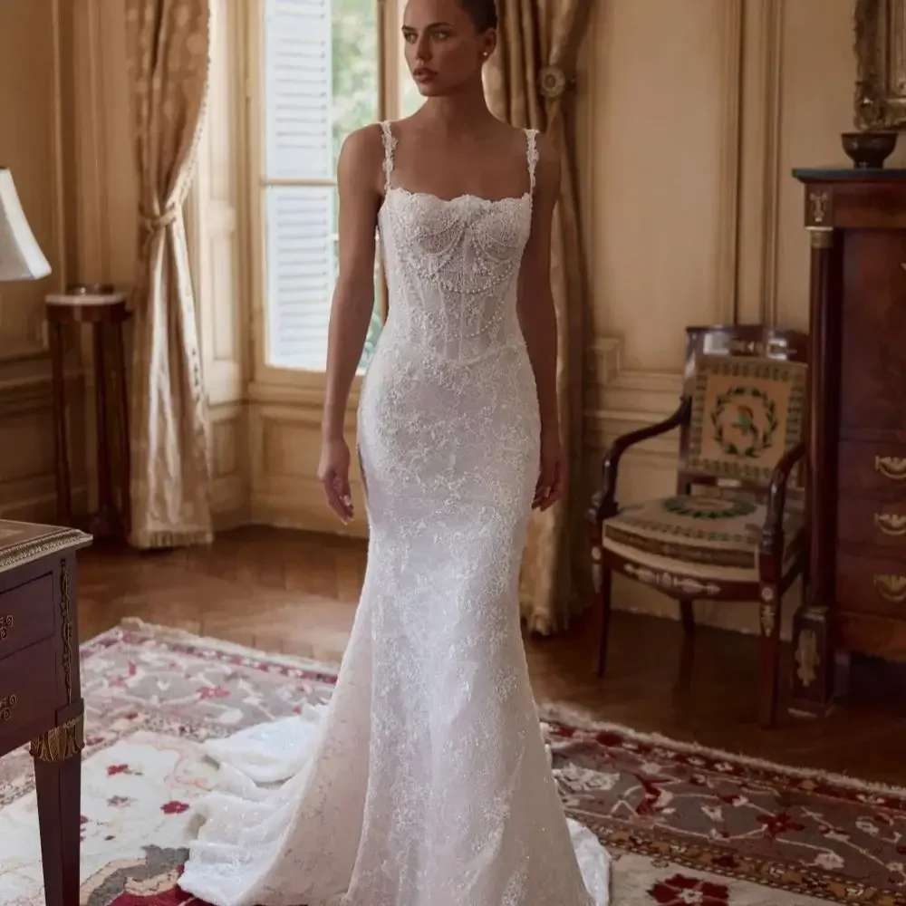 

Jane Eyre Shiny sixy Beaded Lace Wedding Dresses Spaghetti Straps Bridal Gown Pearls Mermaid Customized Long Dresses For Bride