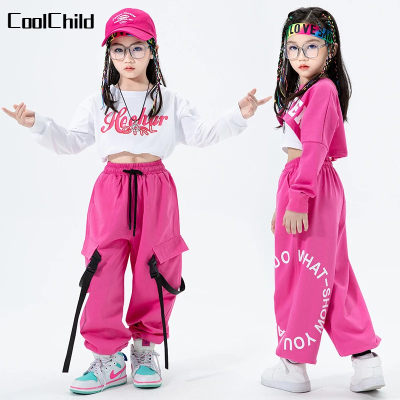 

Hip Hop Girls Crop Top Pink Cargo Pants Child Princess Sweatshirt Joggers Streetwear Clothes Sets Kids Street Dance Jazz Costume