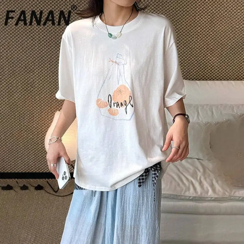 FANAN 2026 Summer New Korean Style Fresh Round Neck Orange Painted Print T-Shirt Slimming Top For Women Minimalism Clothing