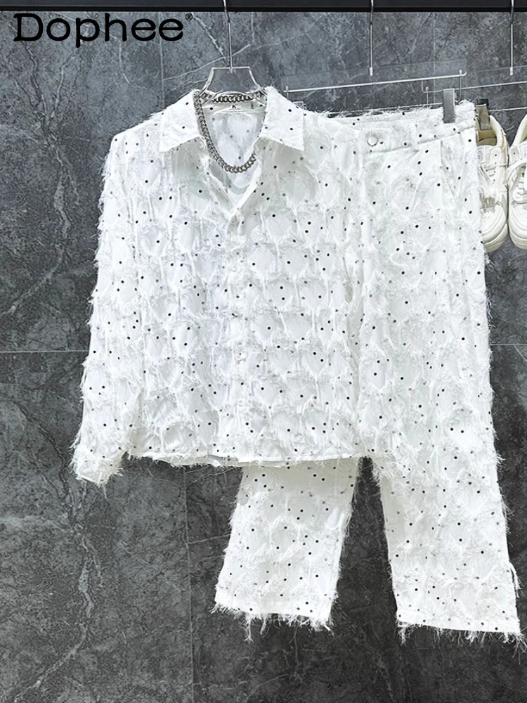 

2025 New Tassel Design Sequin Shirts Pants Chic Two-Piece Sets Men High-End Fashion Trend 2pcs Men's Handsome Loose Comfort Sets