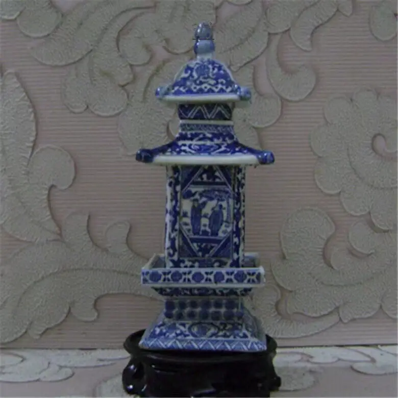 Chinese Blue and White Porcelain Qing Dynasty Pagoda Shaped Tea Jar Vase 19.5cm