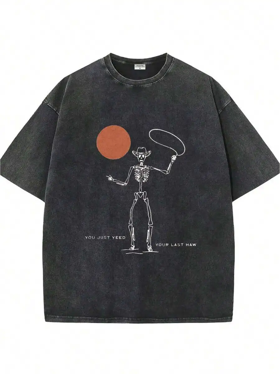 Retro Faded Black Oversize Soft Cotton Graphic Tee For Men Women, Gothic Cowboy Skeleton Vintage Letter Pattern, All-Match Daily Western Tops, Novelty Holiday Present