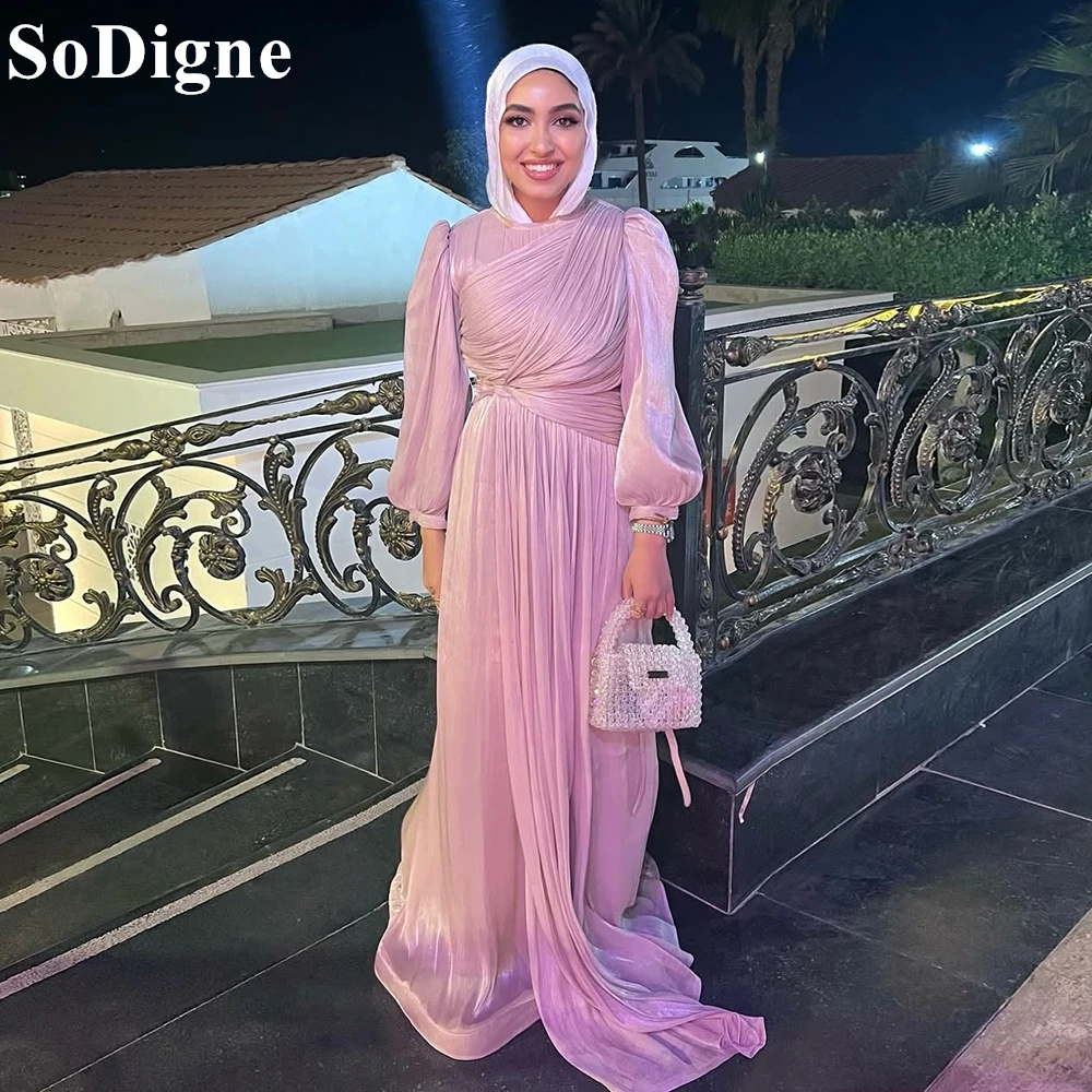 

SoDigne Muslim Pink Satin Evening Dresses A-Line Draped O-Neck Pleated Full Sleeves Party Dress 2025 Modest Prom Gown Customized