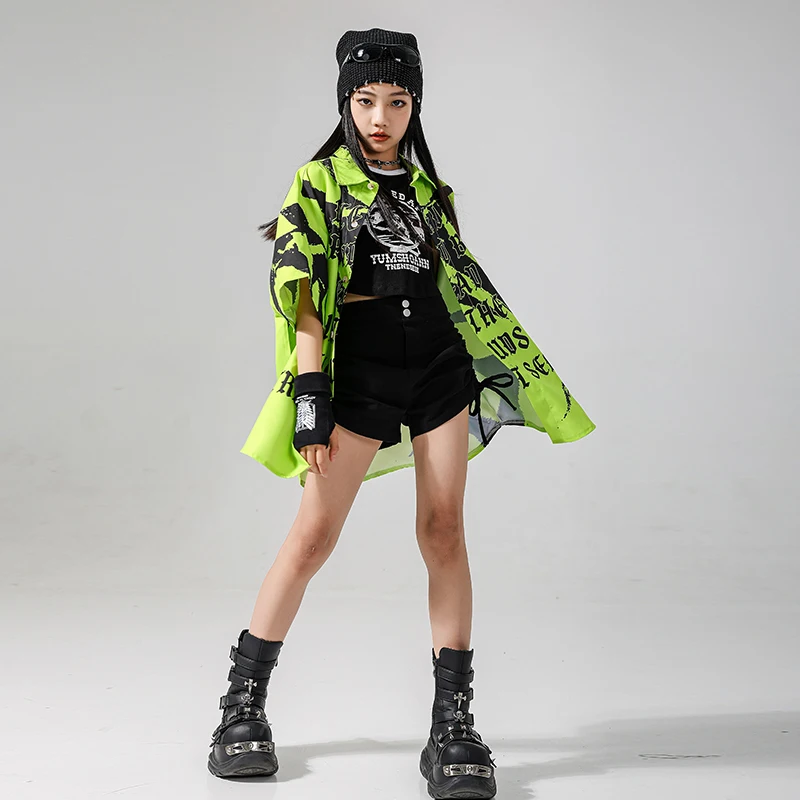 Jungen Hip Hop Kurzarm Grünes Hemd Street Dance Cargo-Shorts Mädchen Feuer Bluse Kinder Sommer Streetwear Kinder Kleidung Sets