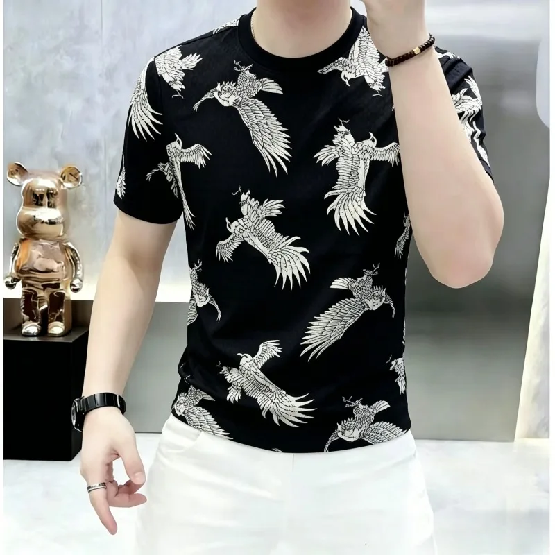 

Trendy Summer Printed Ice Silk Short Sleeved T-shirt Men Elastic Comfortable Casual Social Round Neck T-shirts Streetwear Tee