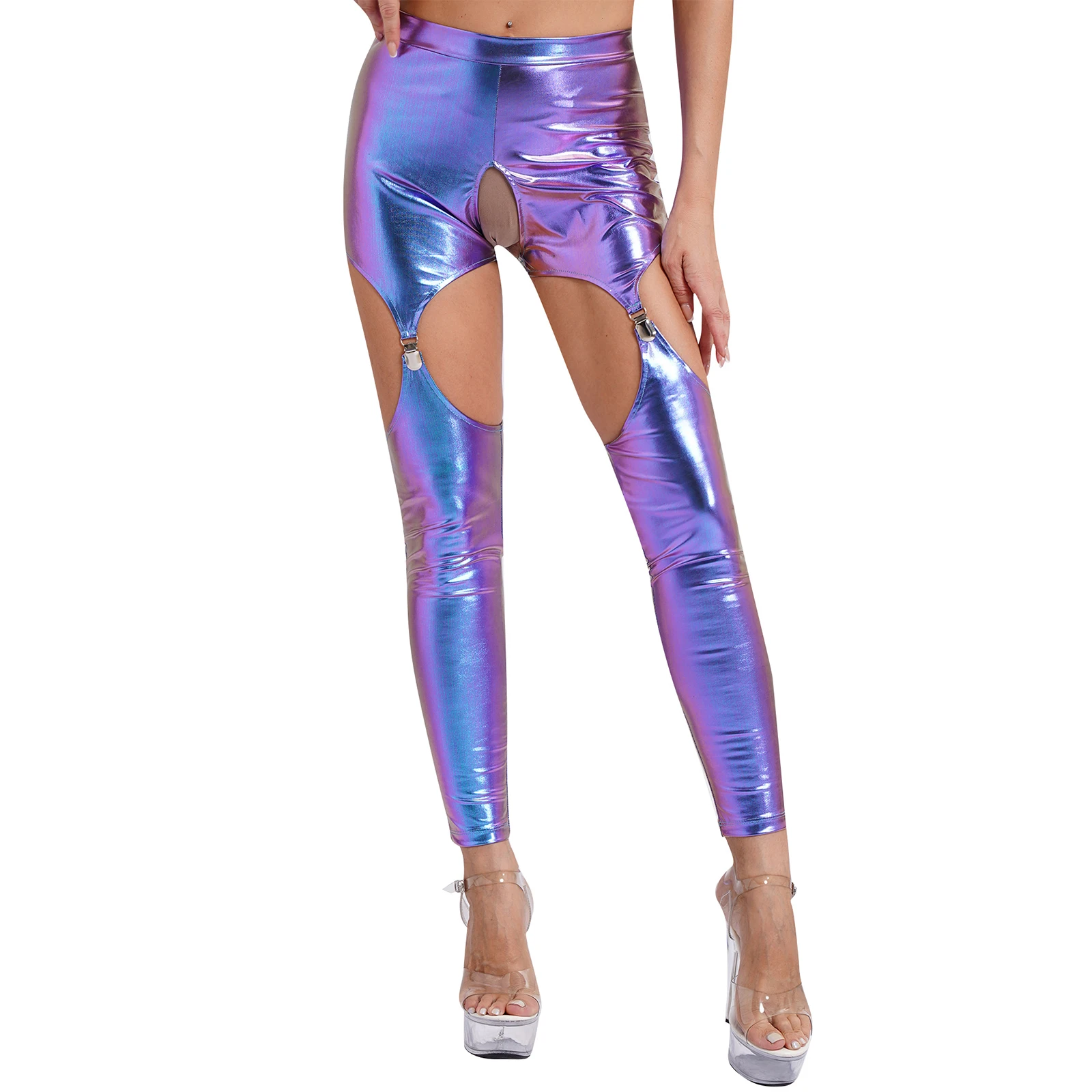 

Womens Metallic Shiny Garter Leggings with Metal Clips High Waist Open Crotch Cutout Tights Skinny Pants Pole Dancing Clubwear