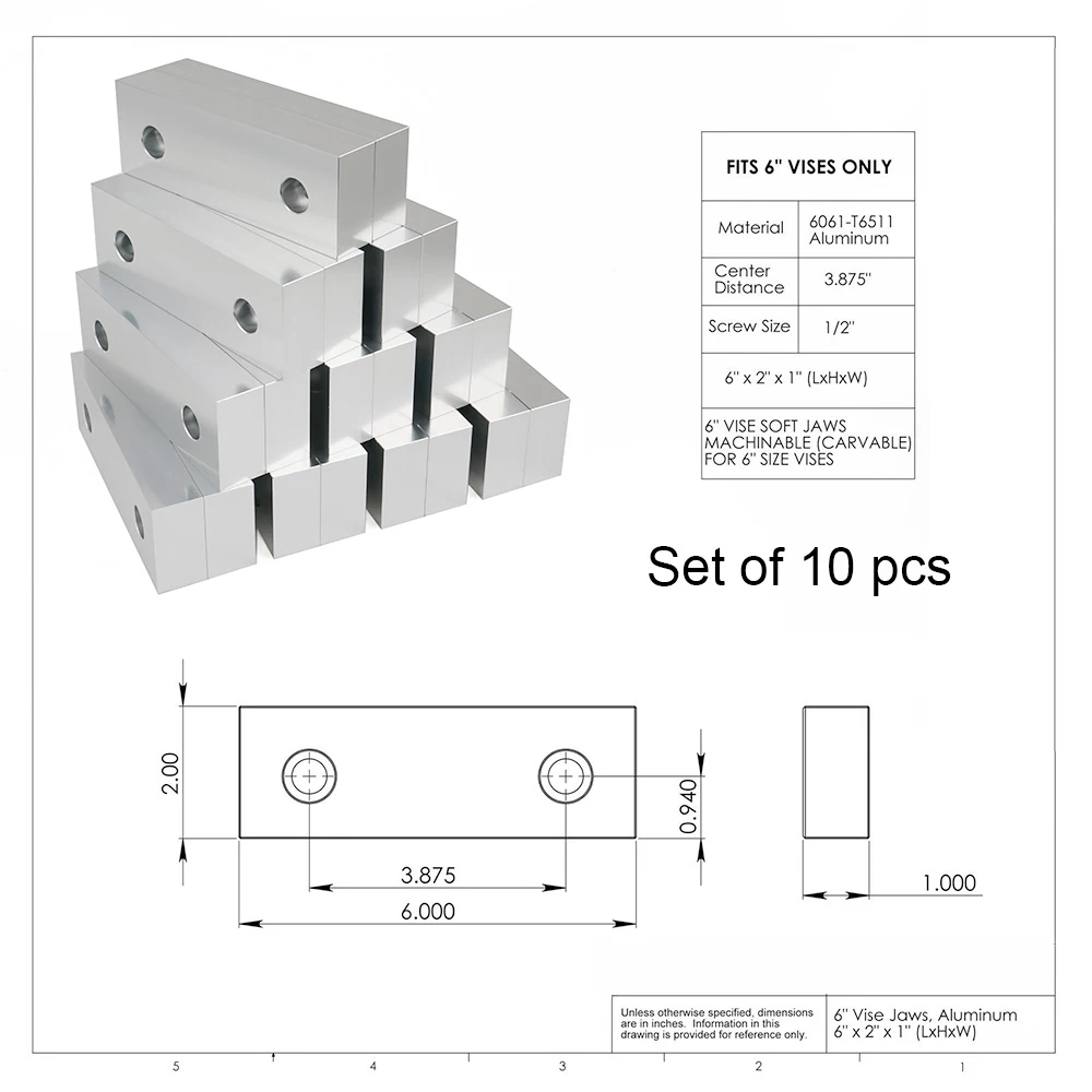 مجموعة فكوك ناعمة قياسية ، ألومنيوم ، 6 "Vises ، 6x2x1" ، 6061-T6 ، 10 مجموعة ، 20