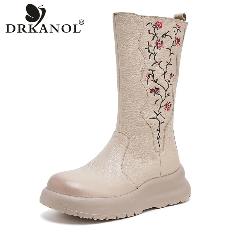 DRKANOL Luxury Design Women Mid Calf Boots Winter Thick Sole Wedges National Style Embroidery Warm Genuine Leather Long Boots