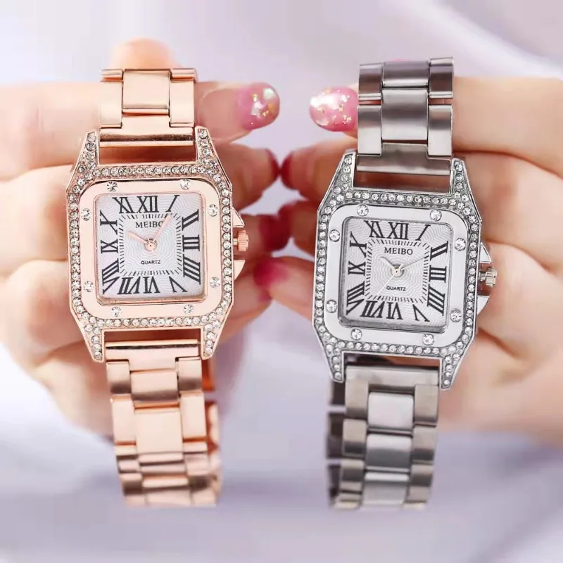 2024 Fashion Square Watches Women Crystal Gold Watches Luxury Stainless Steel Quartz Wristwatches Clock reloj mujer montre femme