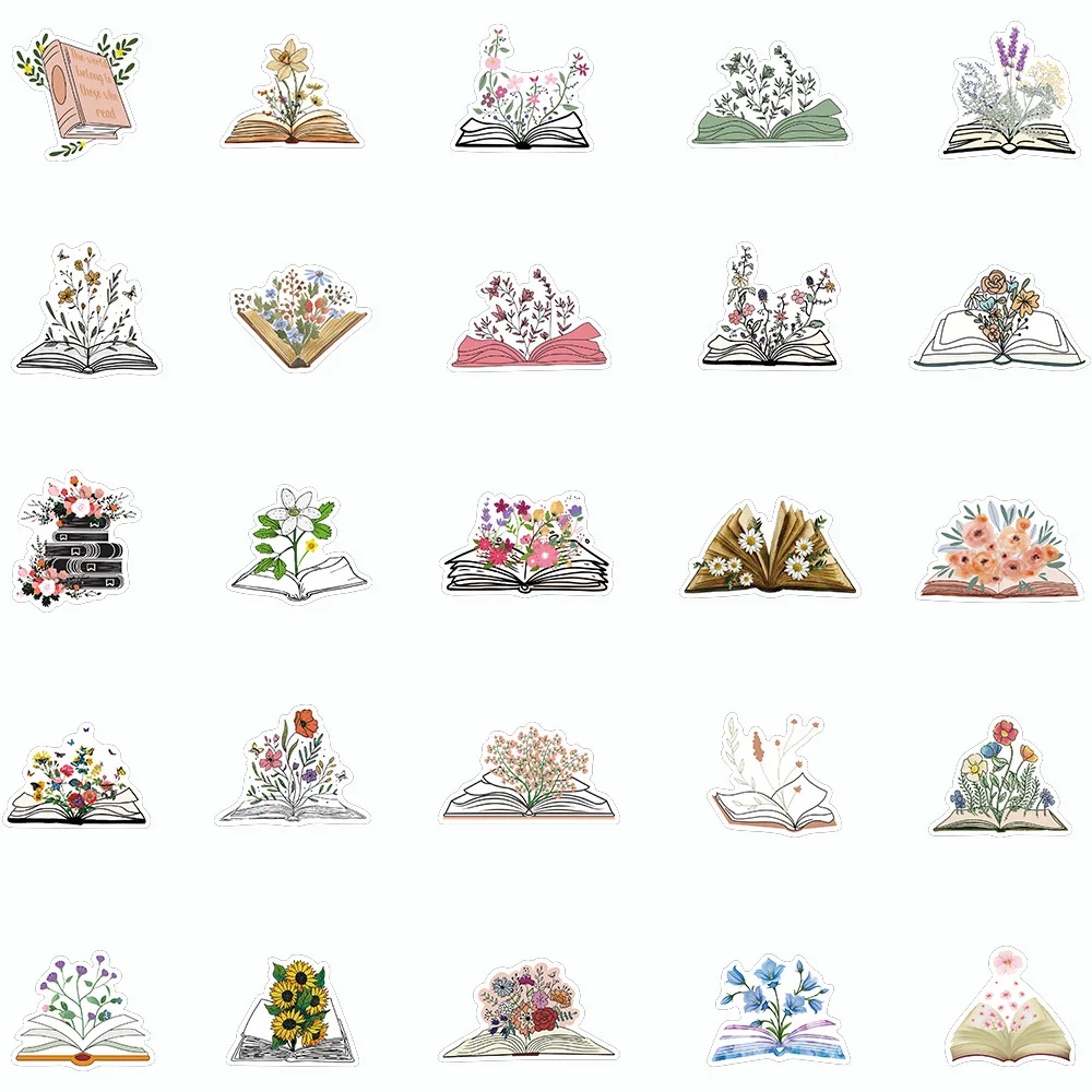 10/30/50pcs Vintag Cartoon Flowers Books Stickers Aesthetic Art Decals for Notebook Guitar Scrapbook DIY Cute Waterproof Sticker