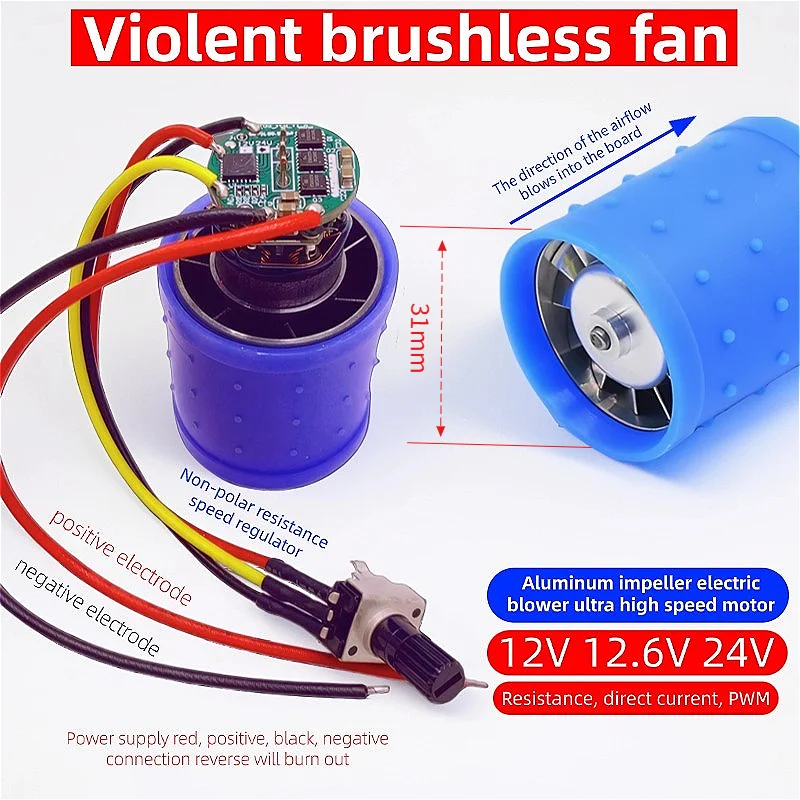 

28.8mm Mini Brushless motor DC 7.4V 9V 12V 24V Ducted Fan Aluminum Alloy Impeller 100000RPM Ultra High Speed Hair Dryer Motor