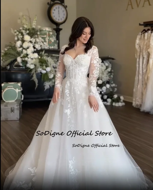 فساتين زفاف SoDigne على شكل حرف a من التل وأكمام طويلة على شكل قلب فستان زفاف فستان العروس vestidos de novia تخصيص #4