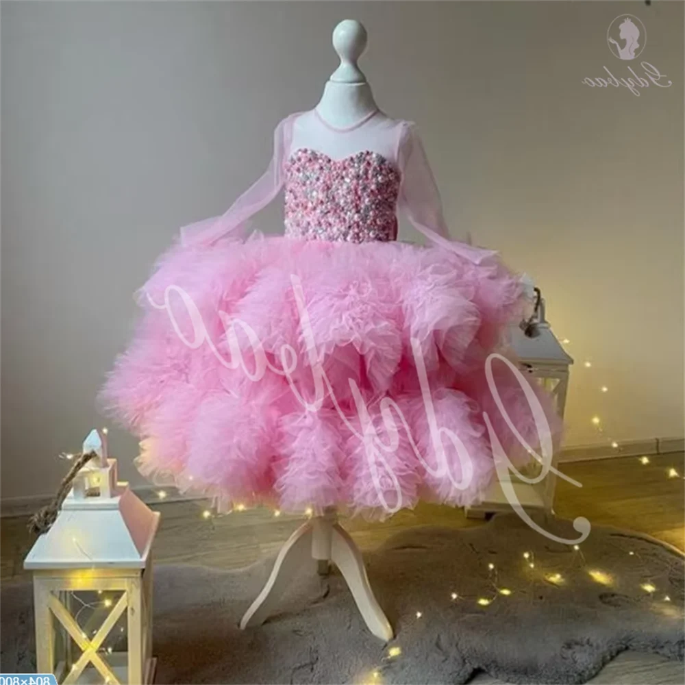 Beaded Pearls Flower Girl Dresses Pink Long Sleeves Fluffy Birthday Party Tiered Puffly Pageant First Communion Gown