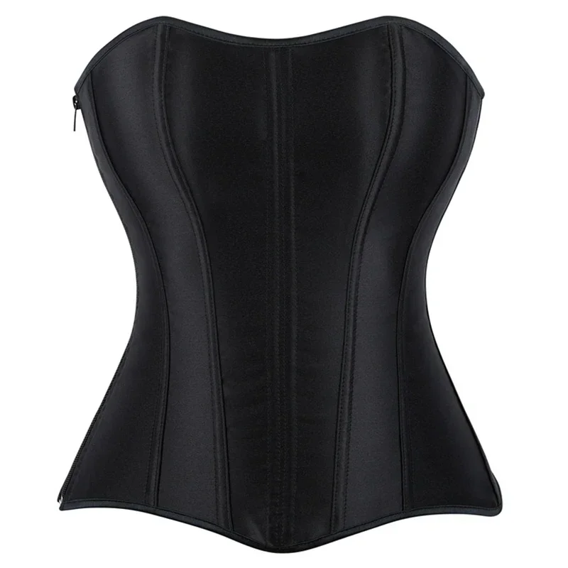 Black Satin Simplicity Overbust Corsets Gothic Women Sexy Lingerie Body Shaper Side Zipper Lace-up Bustier Tops