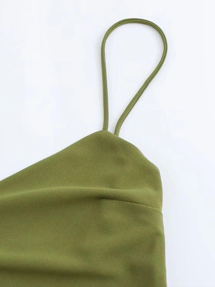 فستان نسائي ربيعي جديد على الطراز الأوروبي والأمريكي مزين بطيات وفتحة جانبية فستان بحمالات متوسطة الطول