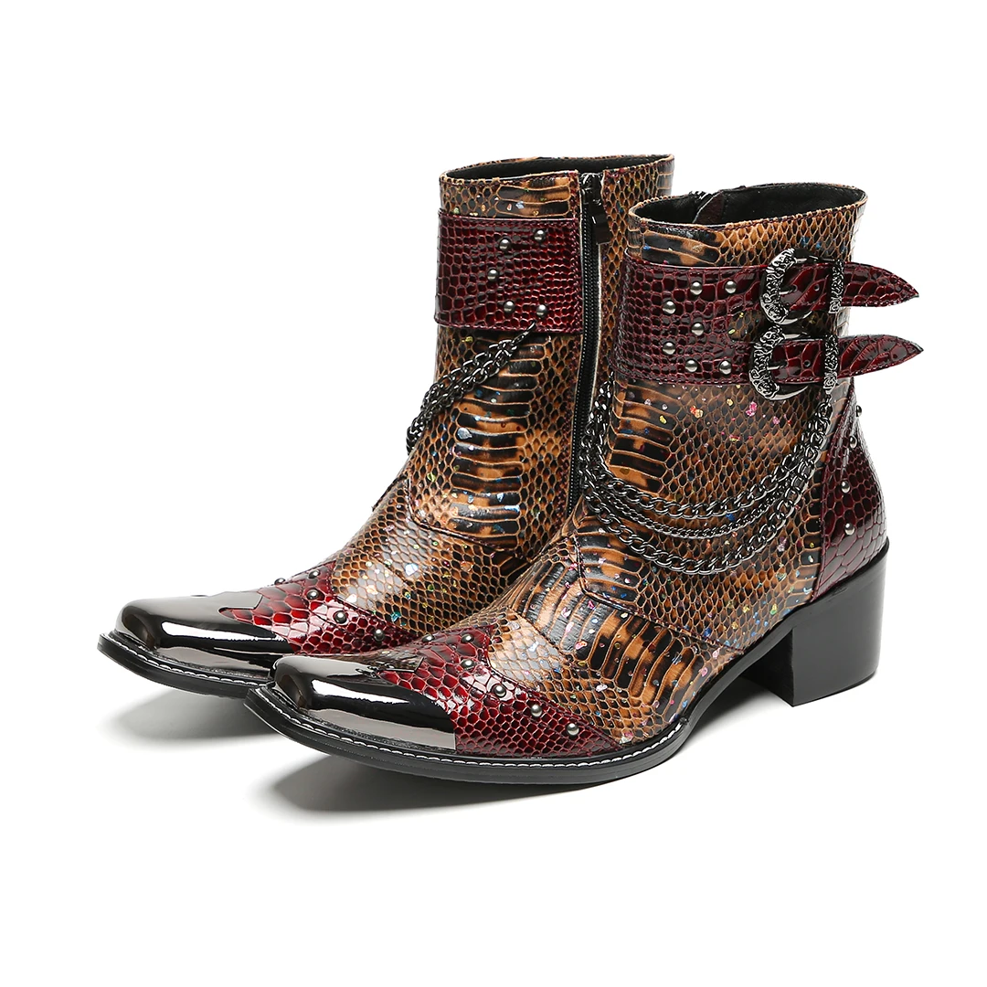 Fashion Pointed Toe Rivets Genuine Leather Motorcycle Ankle Boots for Men Plus Size Chains Cowboy Party Short Boots Dress Shoes