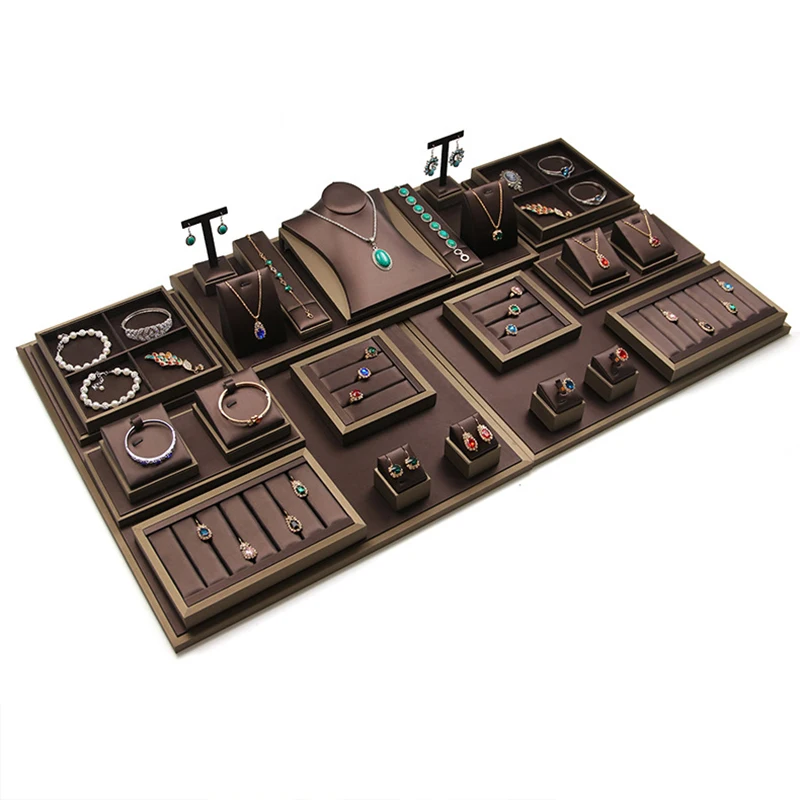 Brown Pu Leather Jewelry Display Stand Ring Earrings Necklace Pendant Bracelet Storage Display Stand