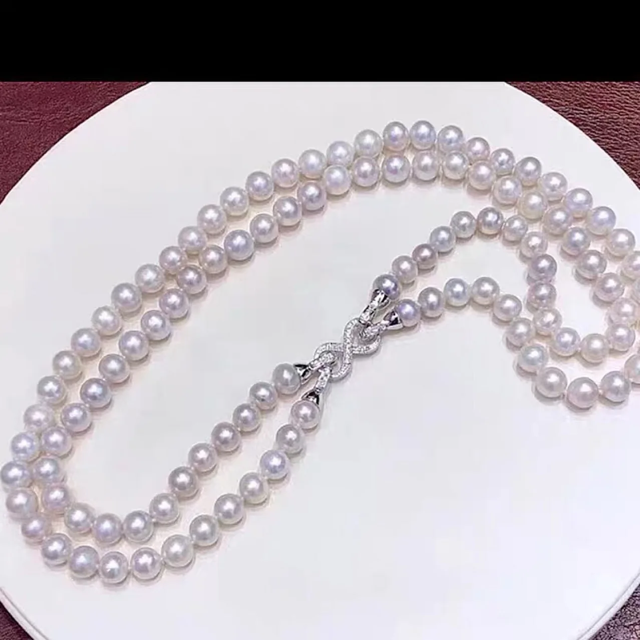 

Double Strands AAA++ 9-8mm Natural Akoya White Pearl Necklace 925 silver Buckle