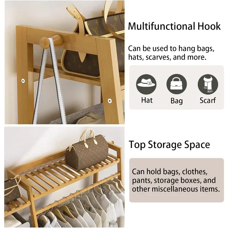 

Bamboo Clothing Garment Rack Storage Shelf Coat Clothes Hanging Rack, Portable Wardrobe Closet Organizer With Top Shelf, Shoe